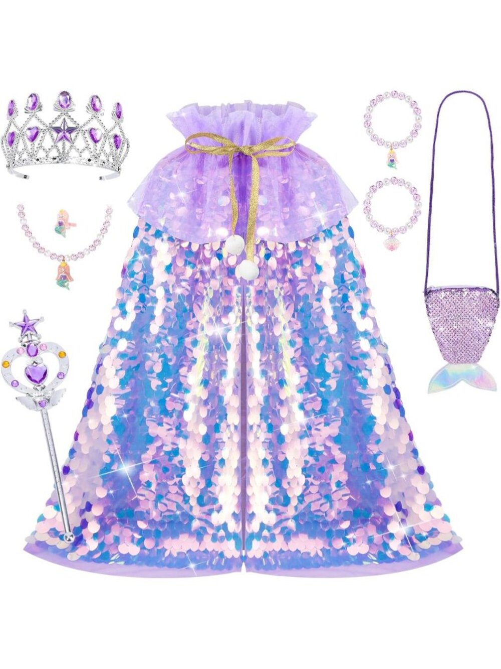 Mermaid Princess Dress Up Cape with Crown Costume Set for Girls -Purple